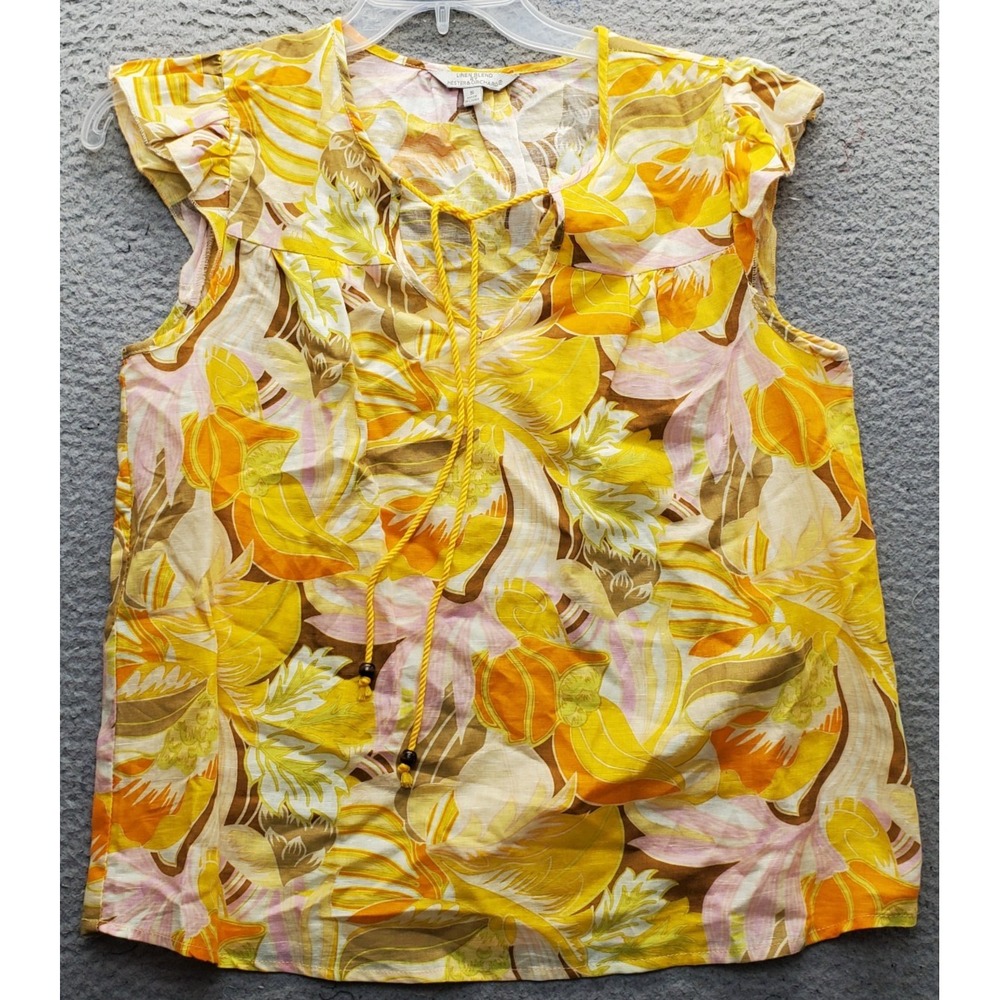 Hester & Orchard Blouse Top Women S Multi Floral Linen Blend Cap Sleeve Tie Neck